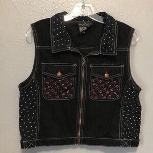 Vintage Carole Little denim vest Women's L Black red moon star western biker EUC